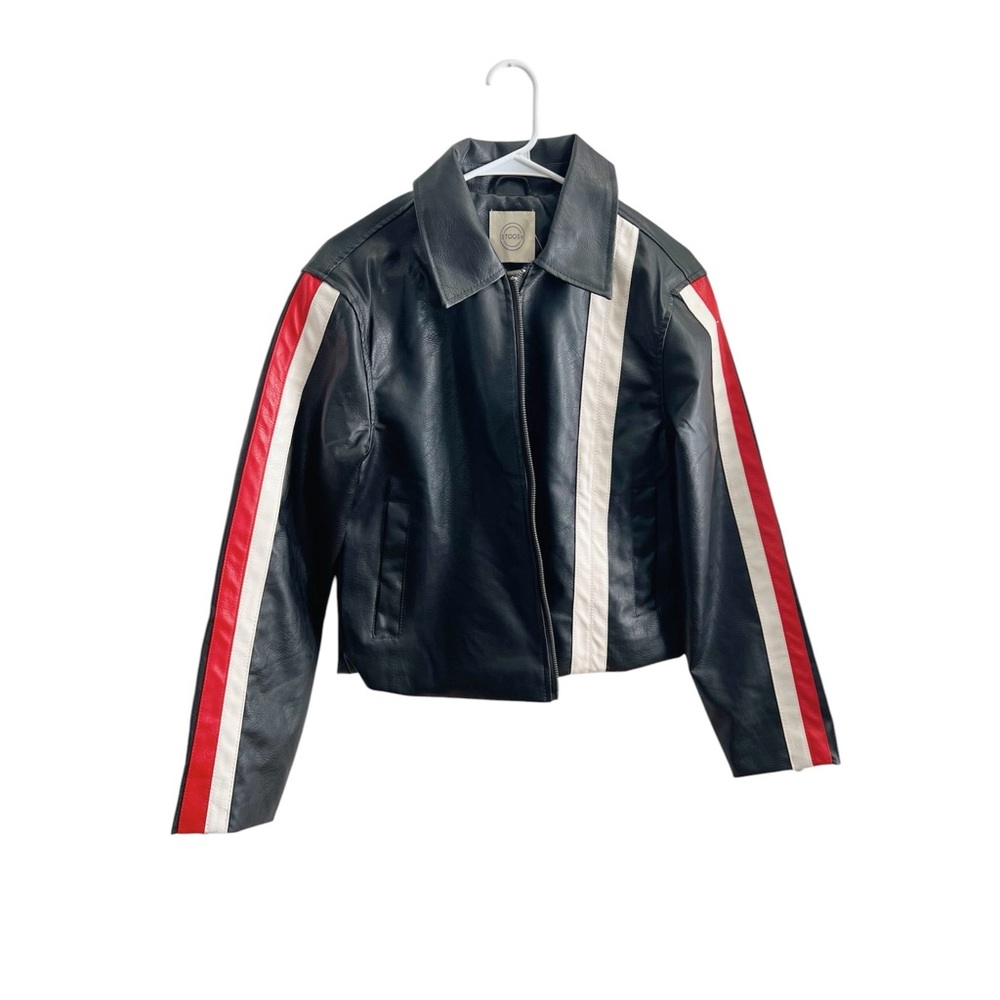 Black Leather Jacket with Red and White Stripes